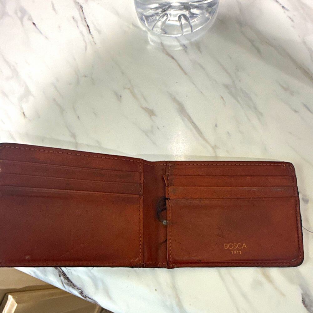 Bosca Men’s Brown Bifold Wallet w/ Logo Accents, Credit Card Slots, Solid